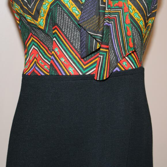 VTG 1970's Sleeveless Tie Neck Secretary Dress Multicolor Chevron & Black sz S - Picture 3 of 14